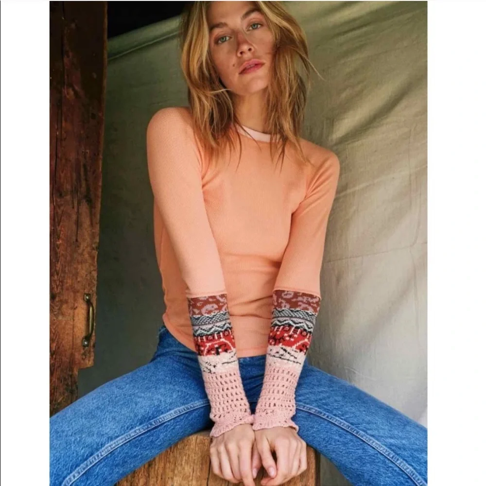 Free People In The Mix Jacquard Cuff Top In Desert Orange